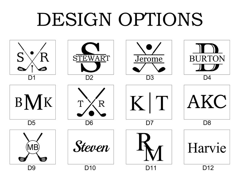 May include: Twelve different design options for a golf-themed personalized gift. Each design features a combination of letters, golf clubs, and a golf ball. The designs are labeled with numbers D1 through D12.