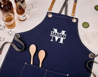 Tablier de bar personnalisé, tablier d'atelier en toile avec poches, cadeau de fête des pères personnalisé, tablier brodé, tablier de barbecue, tablier de barbecue pour homme