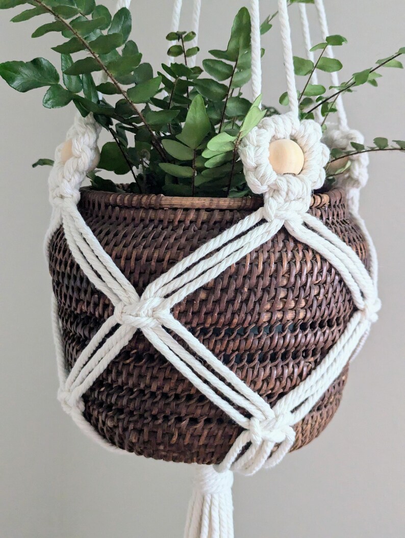 Boho Macrame Plant Hanger With Daisy Design Handmade Indoor Hanging