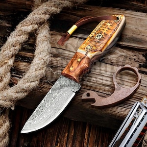Damascus Skinner Knife: Cowboy Bull Cutter, Stag Handle, Buffalo Sheath