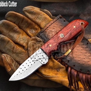 Hand Forged Damascus Skinner Knife: Stag Handle, Buffalo Sheath