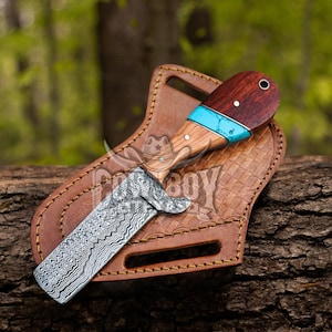 Damascus Bull Cutter Knife: Cowboy , Hunting Knife ,skinner Bone Handle, Leather Sheath Handmade