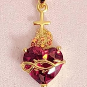 14k Yellow Gold Sacred Cross Heart Pendant, Made with Natural Garnet & Topaz