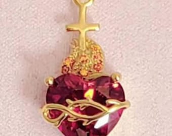 14k Yellow Gold Sacred Cross Heart Pendant, Made with Natural Garnet & Topaz