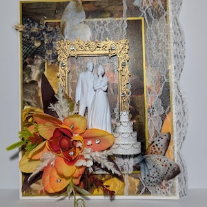 Cartão de dia de casamento. Cartão de aniversário de casamento. Casal feliz. Feito à mão. Noiva e noivo. 3D
