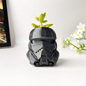 May include: A black Stormtrooper helmet-shaped planter with a small green succulent plant. The planter is 3D-printed and has detailed features of the iconic helmet. The succulent adds a touch of life to the decorative piece.