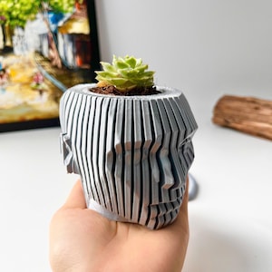 May include: A gray, 3D-printed planter shaped like a human head, with vertical lines creating the form. The planter holds a small green succulent plant with brown soil. The design is modern and artistic, suitable for home decor.