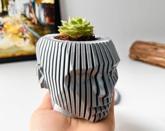 3D Printed Human Face Planter: Modern Geometric Head Design