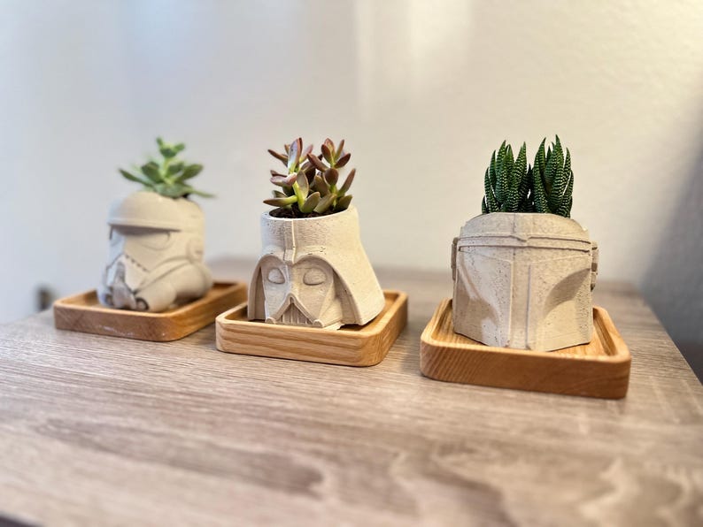 Set of 3 concrete succulent planters, pen holder, bath decor, unique gift, stormtrooper pot, darth vader planter (Ready to ship next day)