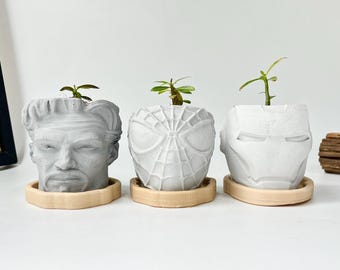 Set med 3 mini-suckulentkrukor i betong, anime-krukor, pennhållare, skrivbordsdekor, krukor med 3D-utskrivna brickor.