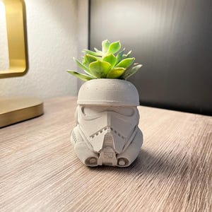 May include: A white ceramic planter shaped like a Star Wars Stormtrooper helmet, with a small green succulent plant growing inside.