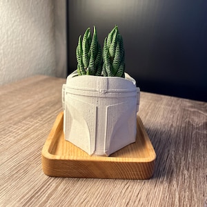 May include: A white ceramic planter shaped like a Star Wars character's helmet, with two small green succulent plants growing inside. The planter is sitting on a wooden tray.