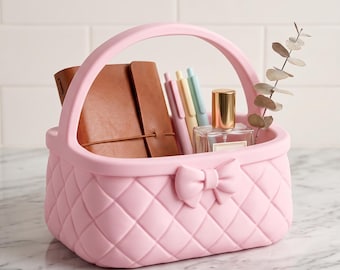 Pink Quilted 3D Printed Basket – Bow Accent, Nursery, Makeup, Desk Storage