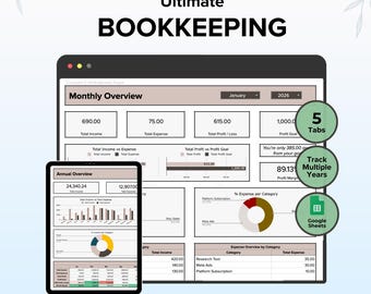 Bookkeeping Google Sheets Template: Income, Expense, Profit Tracker (Digital Download)