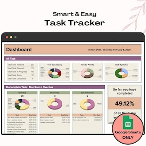 Task Tracker Google Sheets, To Do List Planner, Task Management Spreadsheet, Task Planner Template