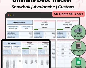 Debt Payoff Tracker Snowball Avalanche, Debt Payment Tracker, Debt Free Planner Spreadsheet, Debt Calculator, Loan Payoff Google Sheets