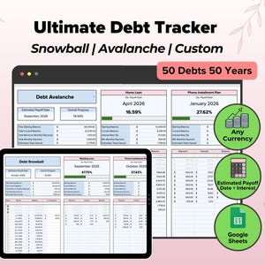 Schuldafbetalingstracker sneeuwballawine, schuldbetalingstracker, schuldenvrije planner-spreadsheet, schuldcalculator, Google Spreadsheets lening afbetaling