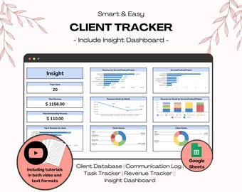 Client Tracker Spreadsheet Small Business Template, Customer Database Management, CRM Task, Communication Log, Revenue, Insight Dashboard