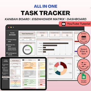 Puede incluir: Seguimiento de tareas digital con tablero Kanban, matriz de Eisenhower y funciones de panel. Incluye un calendario inteligente, opciones de filtro y clasificación e integración de Google Sheets. Muestra porcentajes de finalización de tareas.