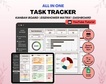 Rastreador de tareas de Hojas de cálculo de Google, Calendario de tareas, Tablero Kanban, Matriz de Eisenhower, Gestor de tareas de equipo, Hoja de cálculo de lista de tareas pendientes, Rastreador de tareas definitivo