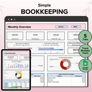 Bookkeeping Spreadsheet Income, Expense, Profit & Loss Tracker Report Google Sheets Financial, Simple Bookkeeping Template