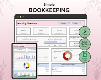 Bookkeeping Spreadsheet Income, Expense, Profit & Loss Tracker Report Google Sheets Financial, Simple Bookkeeping Template
