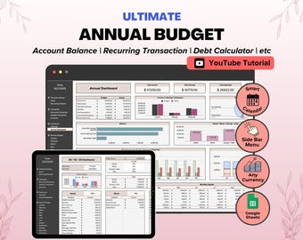Ultimate Annual Budget Spreadsheet, Monthly Budget Planner Bill Tracker Debt Calculator Savings Tracker, Financial Dashboard 50 30 20 Budget