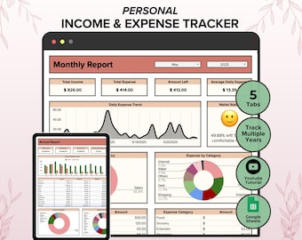 Income and Expense Tracker Google Sheets, Personal Finance Dashboard Spreadsheet Dusty Rose, Monthly and Annual Report Income and Expense