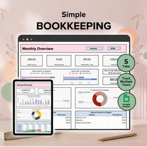 Buchhaltungs-Tabelle: Einnahmen-, Ausgaben- und Gewinn- und Verlustrechnung – Google Sheets Finanzvorlage, einfache Buchhaltungsvorlage