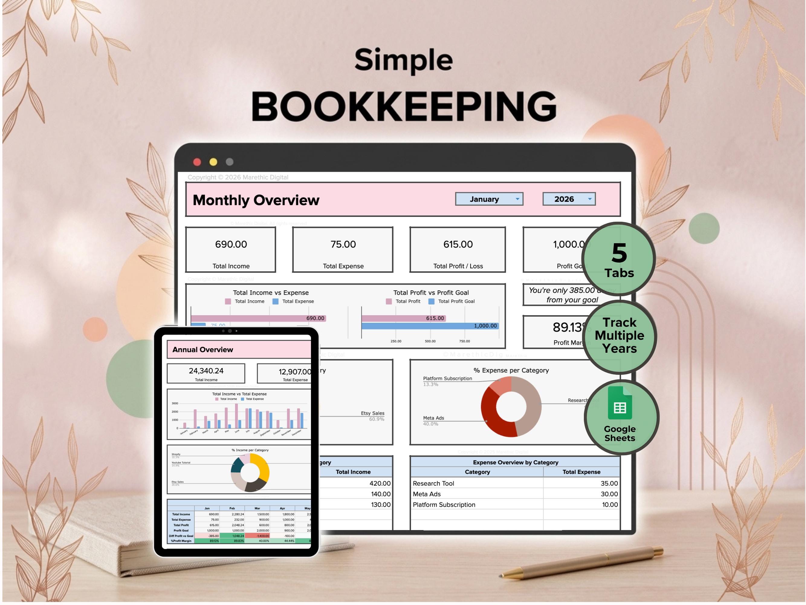 Bookkeeping Spreadsheet Income, Expense, Profit & Loss Tracker Report Google Sheets Financial, Simple Bookkeeping Template