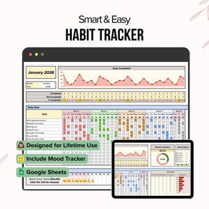 Habit Tracker Spreadsheet, Daily Habit Planner Digital, Monthly Goal Planner, Daily Routine Life Planner Motivation Habit Google Sheets