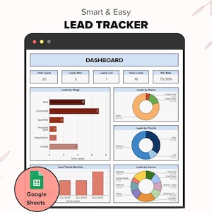 Pode incluir: Um painel do Google Sheets com um rastreador de leads. O painel mostra o número total de leads, leads ganhos, leads perdidos, leads abertos e a taxa de ganho. Também mostra os leads por etapa, status, prioridade e fonte. O painel é visualmente atraente com uma variedade de cores e gráficos.