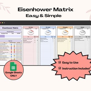 Eisenhower Matrix Task Priority Tracker Template, Task Management Google Sheets, Brain Dump Decision Planner Spreadsheet