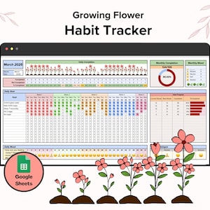 Puede incluir: Una plantilla de hoja de cálculo de Google Sheets para hacer un seguimiento de los hábitos. La plantilla está diseñada para parecer una flor que crece, con cada hábito completado que se suma al crecimiento de la flor. La hoja de cálculo incluye secciones para objetivos diarios, estado de ánimo diario, finalización mensual y estado de ánimo mensual. El título de la hoja de cálculo es "Growing Flower Habit Tracker".