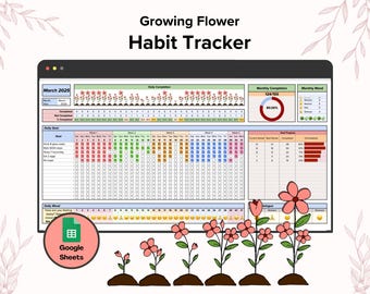 Habit Tracker Google Sheets, Daily Habit Planner, Monthly Goal Planner, Daily Routine Growing Flower, Life Planner Diary Motivation Habit