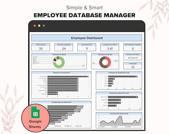 Può includere: Uno screenshot di un foglio di calcolo di Google Sheets che mostra un cruscotto di gestione del database dei dipendenti con grafici e diagrammi. Il cruscotto include informazioni sul numero totale di dipendenti, i dipendenti attivi, i reparti, l'anzianità, lo stipendio, l'età, il sesso e le nuove assunzioni. Il cruscotto è intitolato "Cruscotto dei dipendenti" ed è etichettato "Gestione del database dei dipendenti semplice e intelligente".