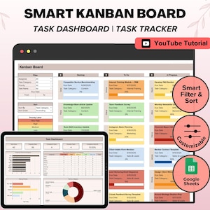 Kanban Board Google Sheets, Project Management, Digital Kanban Board, Team Task Management, Task Tracker, Task Dashboard, Project Planning
