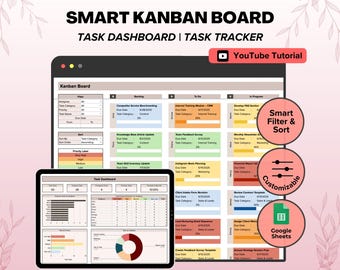 Kanban Board Google Sheets, Project Management, Digital Kanban Board, Team Task Management, Task Tracker, Task Dashboard, Project Planning