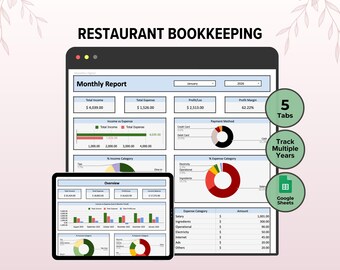 Restaurant Bookkeeping Template, Restaurant Management Template, Food Business Finance Tracker Spreadsheet