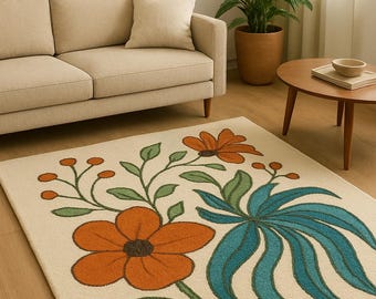 Hand Tufted Wool Floral Area Rug, Botanical Beige Living Room Carpet