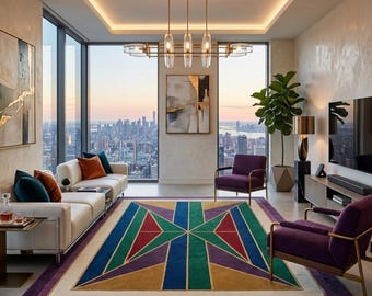 Hand Tufted Wool Rug 5x8 Modern Geometric Area Rug, Art Deco Colorful Wool Carpet, Mid Century Living Room Rug, Custom Handcrafted Rug