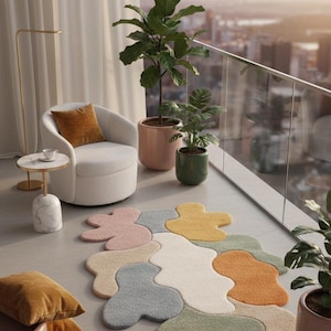 Pode incluir: Cena de varanda moderna com um tapete abstrato multicolorido em tons pastel. Uma poltrona branca com uma almofada laranja está ao lado de uma mesa de centro. Plantas em vasos e uma paisagem urbana também são visíveis.