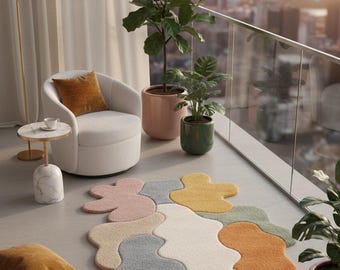 Abstract Hand Tufted wool Rug, Irregular Organic Shape, Modern Art