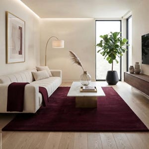 May include: A living room featuring a cream-coloured sofa with a deep burgundy throw blanket, a rectangular white marble coffee table with a gold base, and a large deep burgundy area rug placed on light-coloured hardwood flooring.
