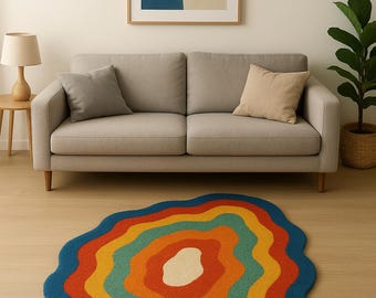 Handmade Tufted Wool Rug, Abstract Irregular Shape Carpet, Boho Living Room Decor