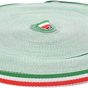 May include: A coiled roll of ribbon featuring the colours of the Italian flag: green, white, and red. The ribbon is tightly wound, with the colours clearly visible. Suitable for crafts, decorations, or gift wrapping.