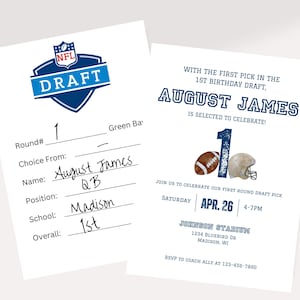 Invitation de fête d'anniversaire imprimable, football, repêchage de la NFL, numérique, premier anniversaire, numérique