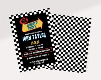 May include: Two black and white checkered invitations. The primary invitation features the Vans logo and text "WARPED TWO'R" with event details for John Taylor on 09.06.25. The second invitation is a black and white checkered pattern.