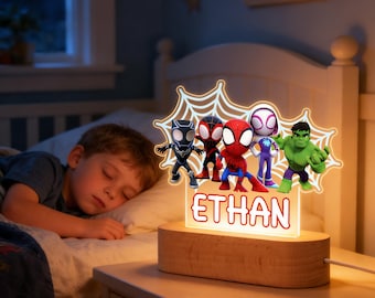 Veilleuse personnalisée Spidey et ses incroyables amis, idée cadeau d'anniversaire pour garçon, lampe acrylique, décoration de chambre d'enfant, cadeaux d'enseigne lumineuse pour enfants