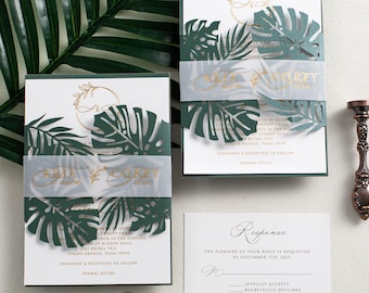Monstera Lasercut Wedding Invitation: Foil Printed Tropical Set